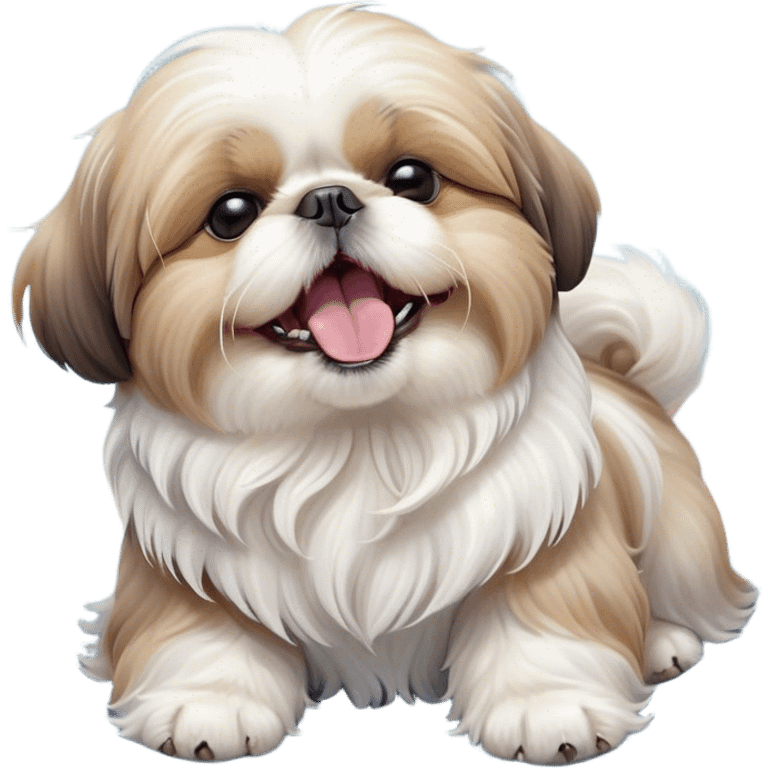 Cinematic Cute Yawning Shih Tzu Portrait Emoji, Head gently tilted with an irresistibly cute yawn and sleepy, half-closed eyes, showcasing a luxurious, fluffy fur in gentle pastel tones, simplified yet endearingly detailed, glowing with a soft, drowsy radiance, high shine, exuding tender, sleepy charm, styled with a delicate, soft glowing outline, capturing the essence of a Shih Tzu caught in a moment of adorable, sleepy bliss! emoji