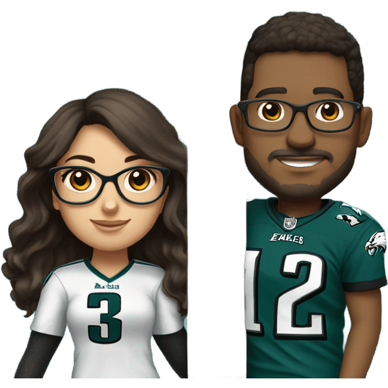 Dark brown hair female with glasses and male with light skin and light brown hair who are both eagles fan climbing up a pole emoji