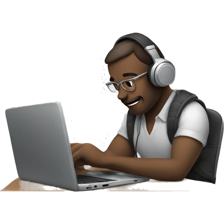 Man working on laptop Waring headphones emoji