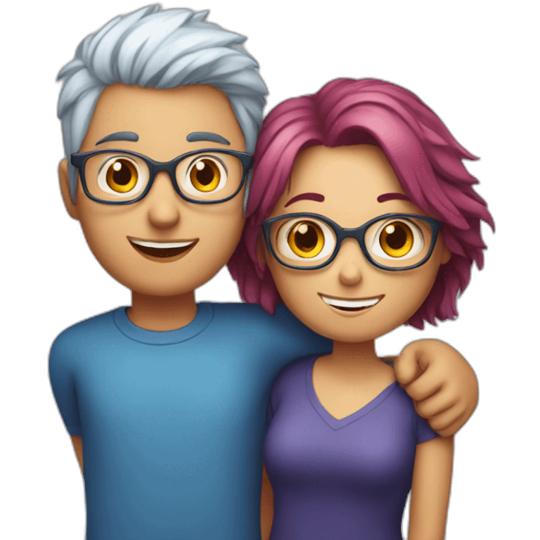 a boy with silver hair and a curvy girl with red hair and blue glasses hugging emoji