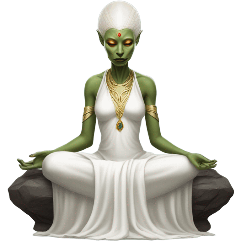 a Reptilian alien woman,in meditation, white dress like a priestess emoji