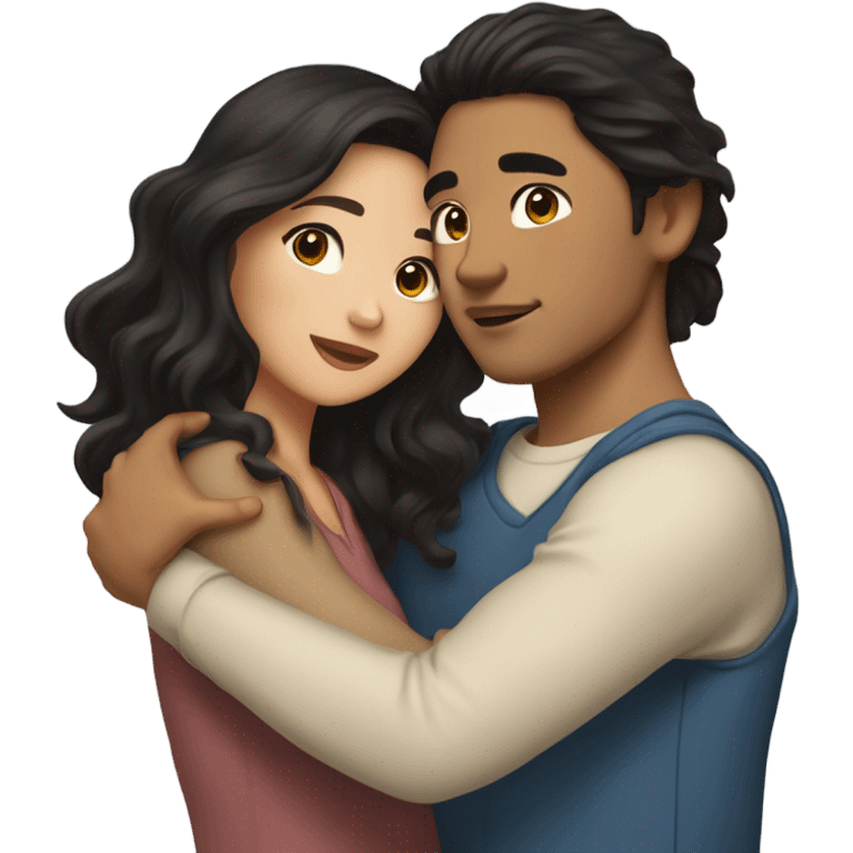 They are holding each other very tightly. A pale Asian man with short dark hair and amber eyes embracing and loving a half Asian woman with long wavy dark hair and dark hazel eyes. They love each other a lot And have good fashion taste. emoji