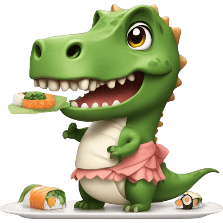 A dinosaur wearing a tutu while eating sushi  emoji