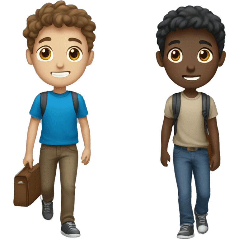 two boy student with brown hair and brown skin and blue shirt walking emoji