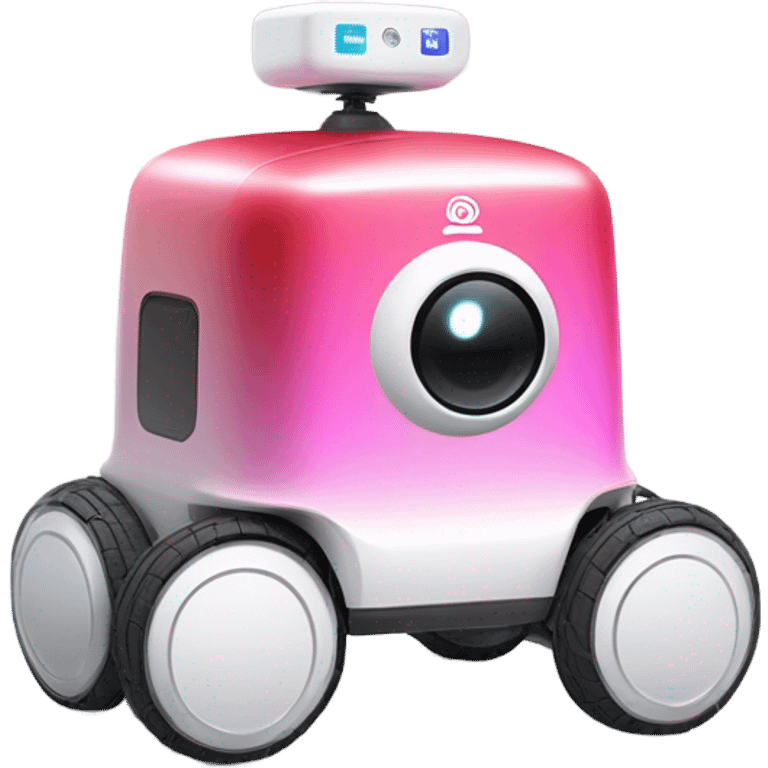 A red-pink gradient COCO delivery robot with four white wheels, rounded rectangular shape. White COCO logo, multiple front sensors, and top-mounted camera. Secure storage compartment and QR code on top. emoji