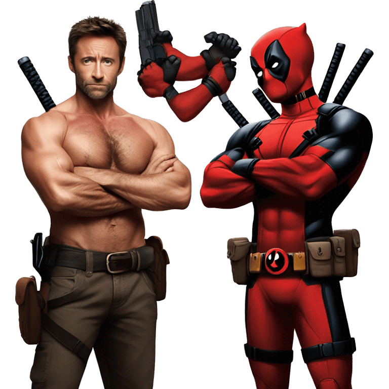 Hugh Jackman Wolverine Shirtless and Ryan Reynolds Deadpool Holding arms. emoji