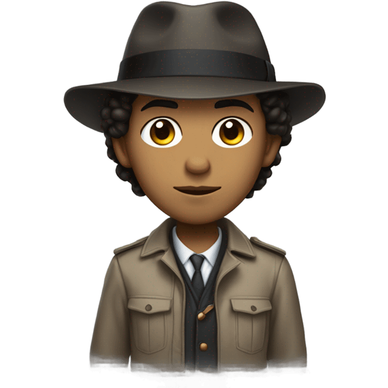 a mixed raised boy with dark brown hair wearing a detective suit and the hat looking low key emoji