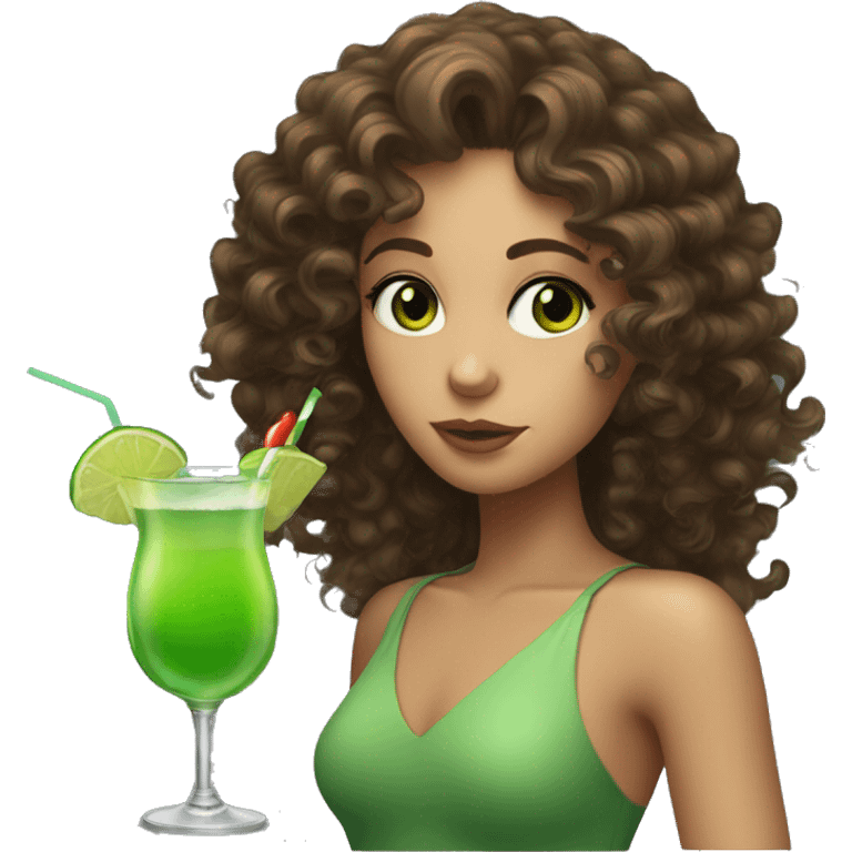 A girl with curly brown hair and green eyes, sipping a cocktail emoji