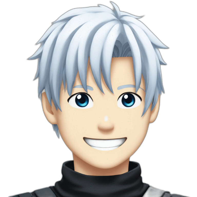 gojo satoru from jujutsu kaisen with white manga hair style, blue sky eyes and wear a black tight tshirt smiling emoji