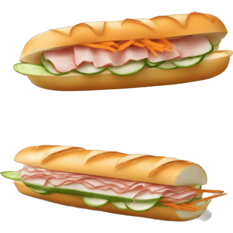 READ: airy, crispy French-styled baguette. PROTEIN: Vietnamese ham, steamed pork roll or other meats. VEGETABLES: sliced cucumber, pickled carrot coriander & daikon. banh mi emoji