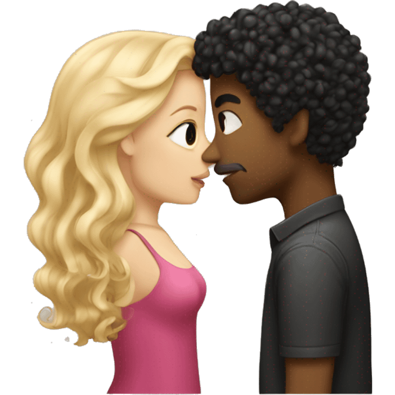 A white girl with blond straight hair kissing a light-skinned brown guy with curly black hair emoji