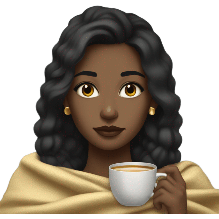 brown skin girl, with 3b type black hair, drinking peppermint tea, upturned dark brown eyes, black eyebrows, gold necklace and gold earrings, and dark grey blanket. emoji