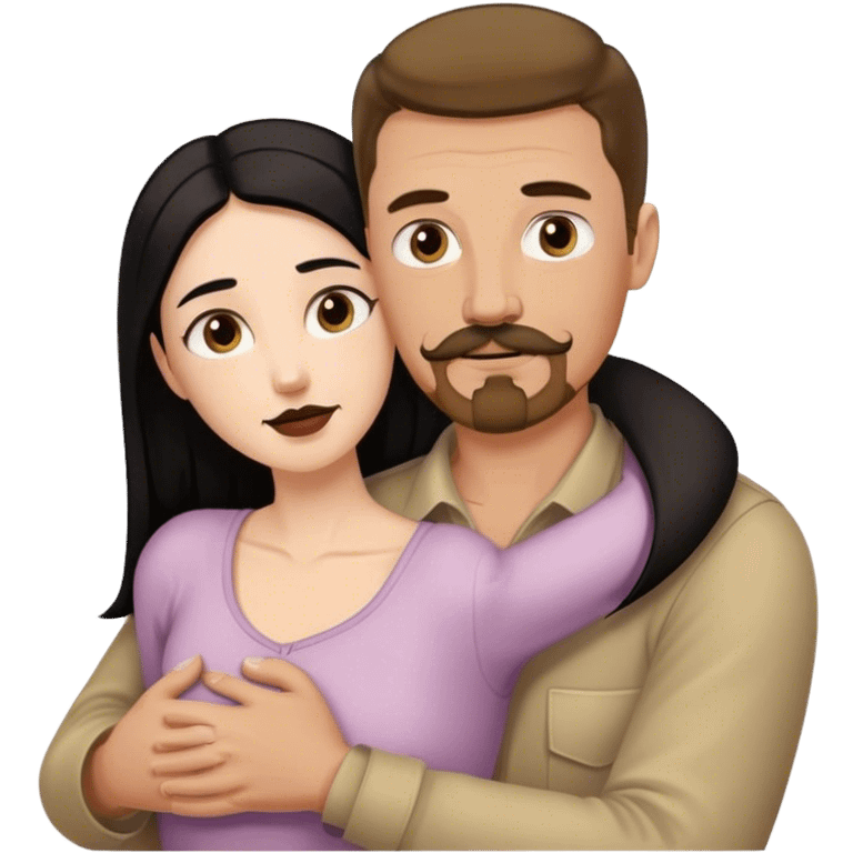 Tall white man with brown mustache and goatee hugging a short pale woman with long black hair emoji