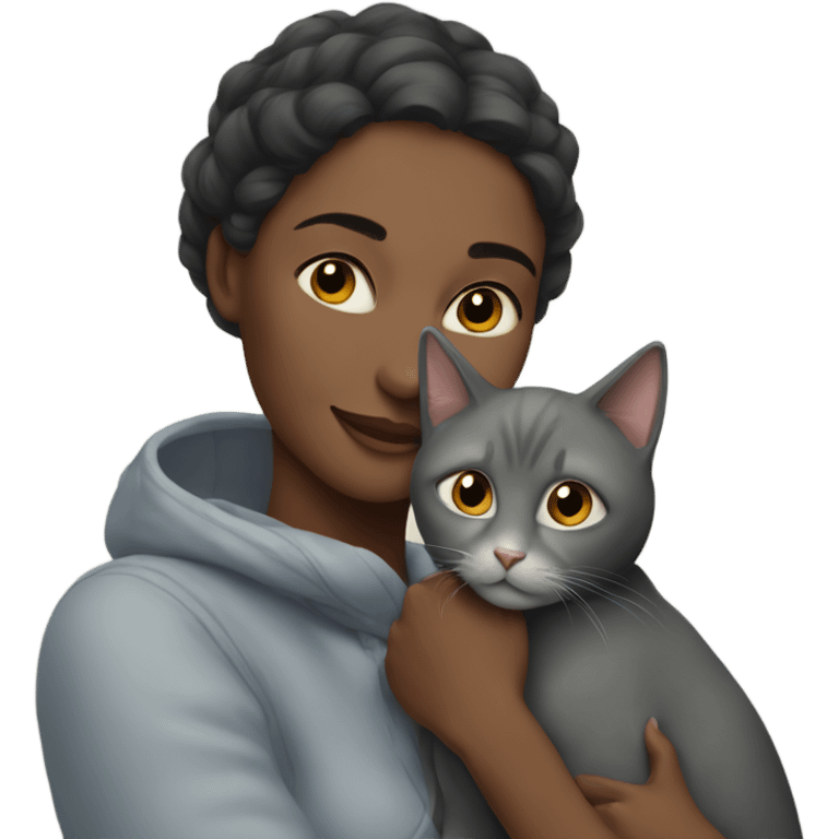 outdoor portrait of a woman hugging a gray cat emoji