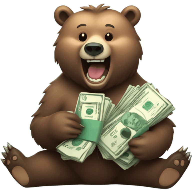 grizzly bear holding lots of money and looking happy emoji