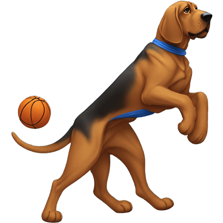 A bloodhound with a blue and orange cape spinning a basketball on its paw! emoji