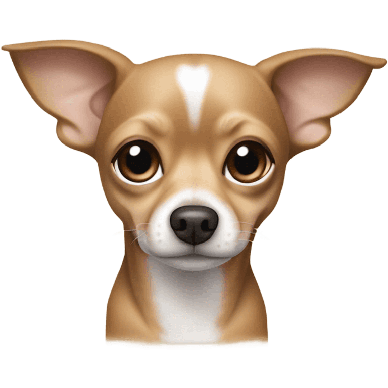 Chihuahua tan coat with white markings on its chest, muzzle, and paws, along with medium-sized floppy ears and a round face. dachshund features a smooth coat with a white body patterned with light brown patches and a brown head shaded with darker tones emoji