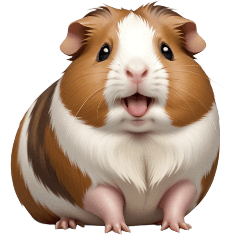 Cinematic Cute Yawning Brown and White Banded Guinea Pig Portrait Emoji, Head tilted slightly with a dramatic, wide-open yawn, revealing a soft, banded coat of brown and white with tiny, droopy ears, round dark eyes barely open in drowsy contentment, Simplified yet irresistibly adorable features, highly detailed, glowing with a soft, cozy glow, high shine, relaxed yet expressive, stylized with a touch of whimsy, bright and endearing, soft glowing outline, capturing the essence of a sleepy yet affectionate guinea pig, so drowsy it feels like it could stretch out of the screen and curl up for a nap! emoji