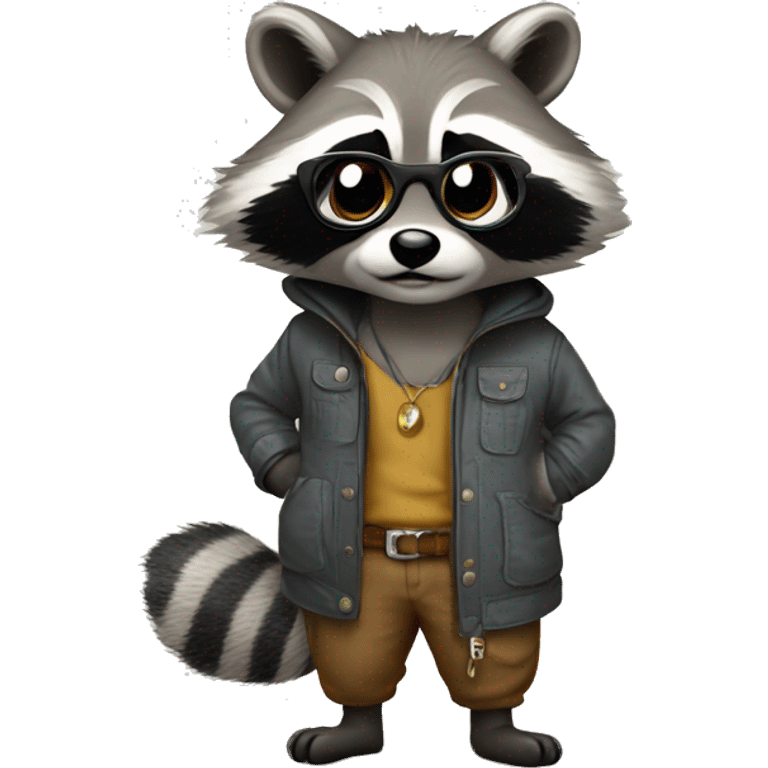 Racoon stands and thinks in casul clotes and glasses emoji