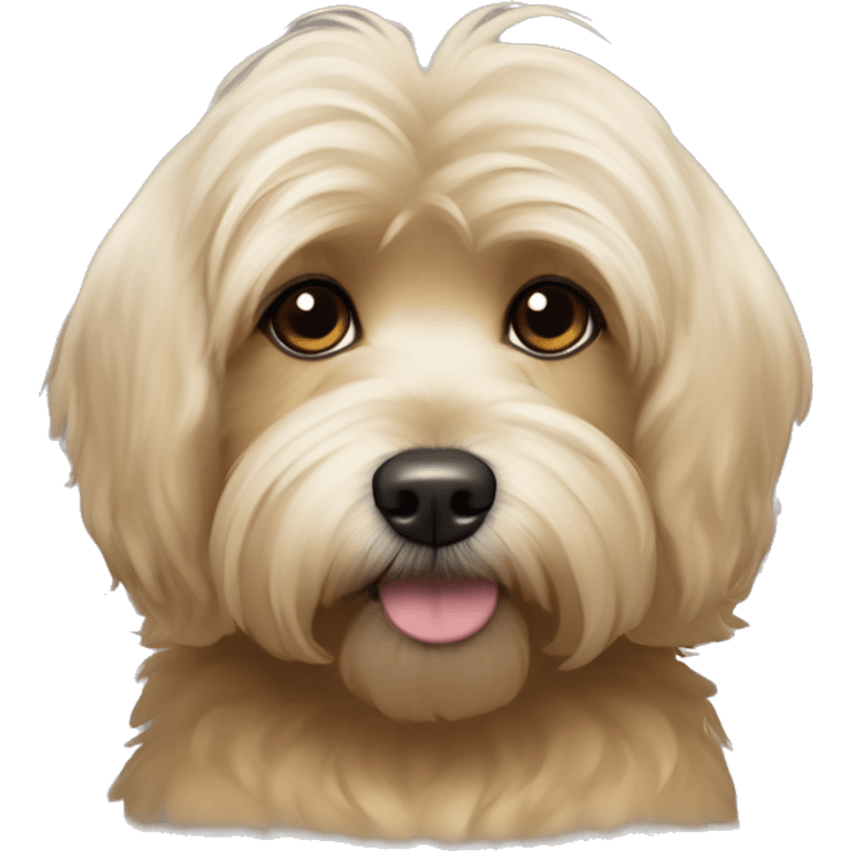 a cute havanese dog with gold light brown hair and sole blond hairs in the top half and the bottom half around where his nose starts black hair for his like “beard” and brown eyes and cute triangle ears that go down that are blond but black on the ends emoji