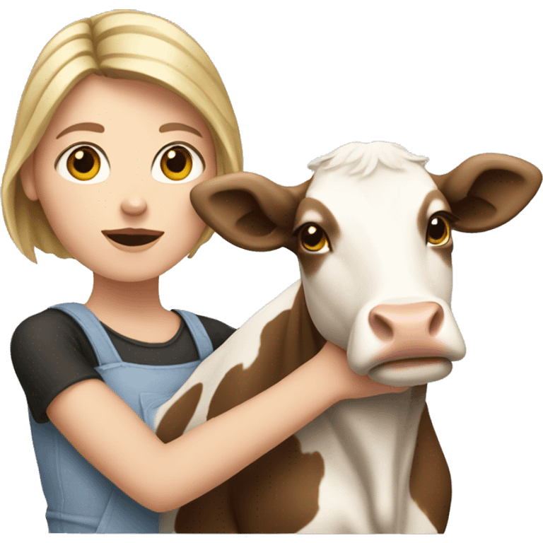 White girl holding a cow emoji