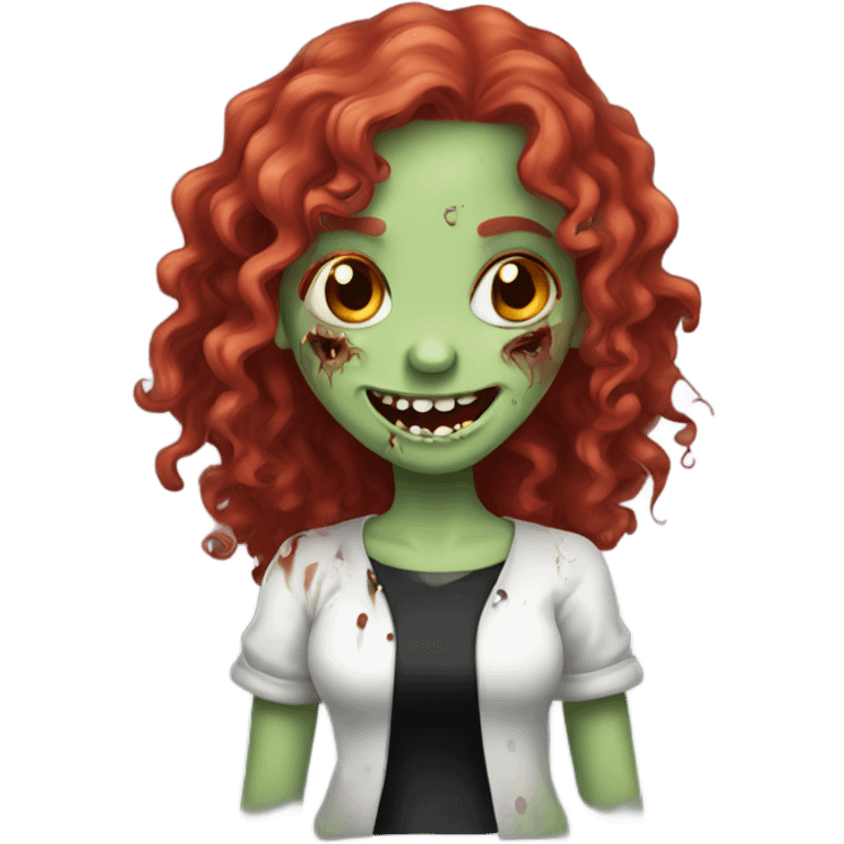 Happy zombie girl red long curly hair with both hands in the sue, black blouse emoji