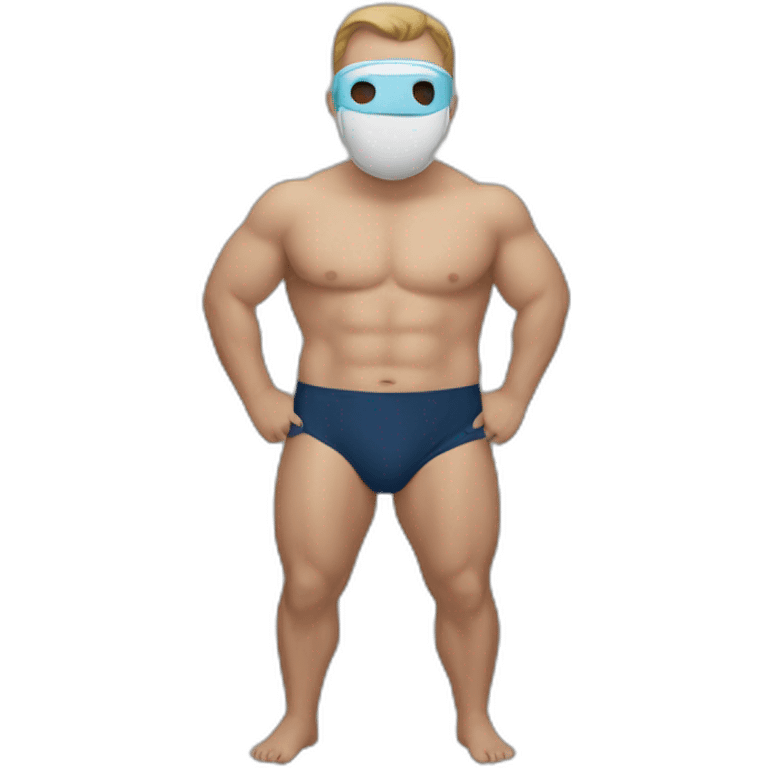 A man in speedo with a Friday the 13rh mask emoji