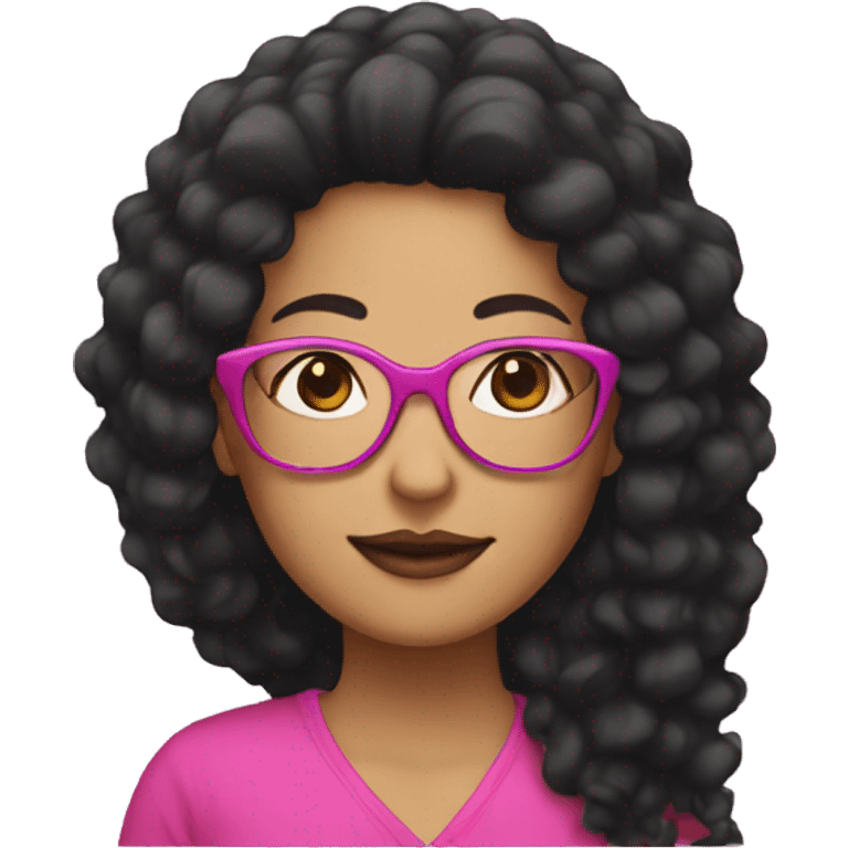 woman with black frizz long hair and pink glasses emoji