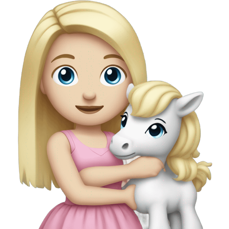 Blonde, pale skin, blue eyes girl wearing a pink dress cuddling her pony stuffed animal. emoji