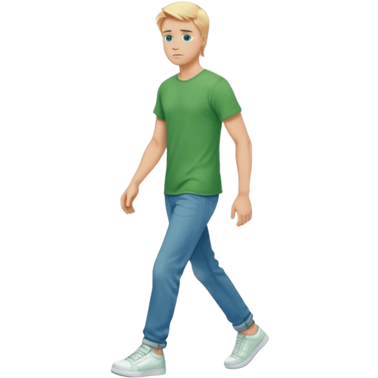 A cinematic realistic blond man with blue eyes, dressed in wide jeans, a green T-shirt and white sneakers, is walking emoji