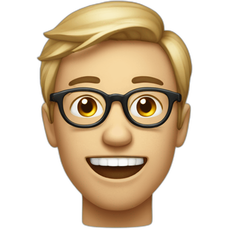 a bespectacled emoji points the index finger skywards and has two prominent upper incisors, while the lower incisors are hidden by the lower lip. emoji