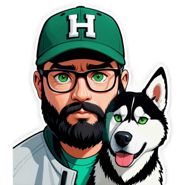 A bold man with a grey baseball cap, green eyes, big beard and glasses next to a husky dog emoji