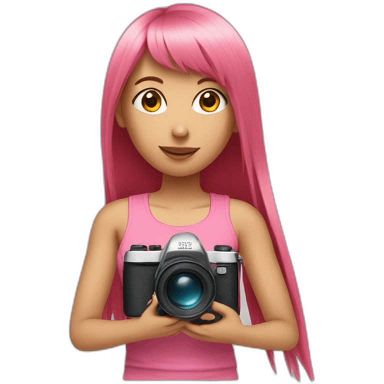 girl with long, straight rose hair with fringe and holding camera and wearing pink tank top emoji