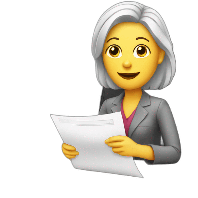 White woman sitting in office table with document on hand emoji