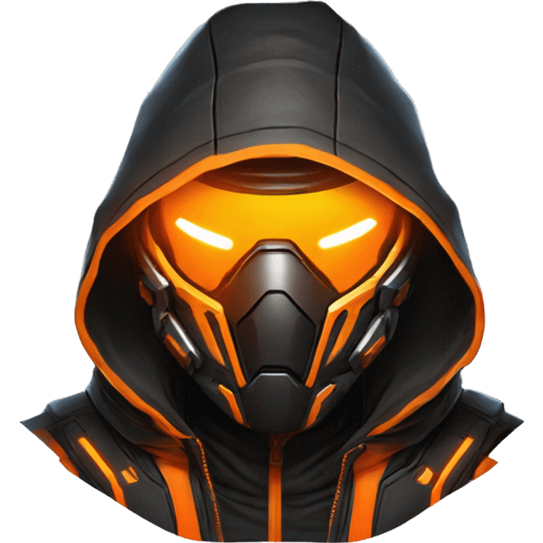 Side view developer behind his laptop with this style : crysis Cyberpunk Valorant orange glowing bright orange character orange black hooded assassin themed character emoji