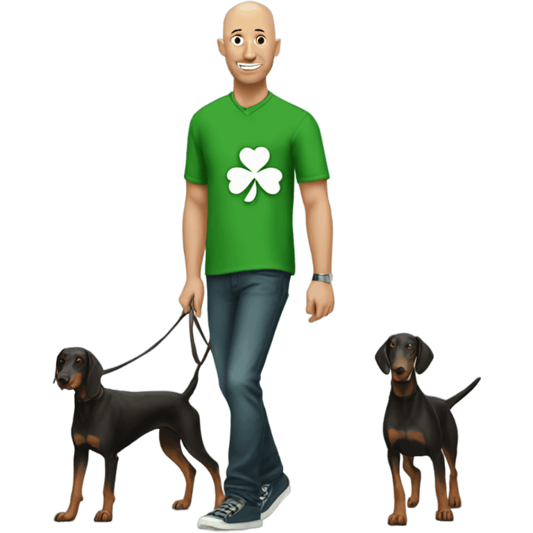 Bald guy wearing shamrock shirt walking a Doberman  emoji