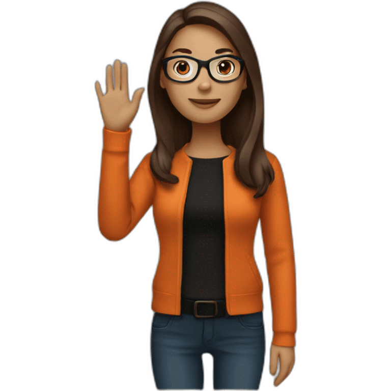 woman waving with light glasses with long straight brown hair waving wearing a dark orange sweater and black jacket emoji