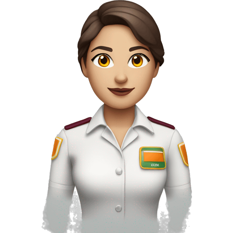 brunette green eyes cabin crew member in white shirt and burgundy uniform with orange inserts emoji