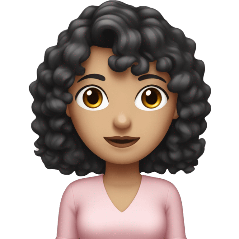 White woman with long black curly hair and bangs and dark brown eyes, wearing a pastel pink dress emoji