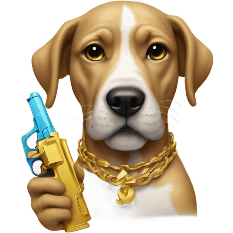 Dog holding gold water gun with tattoos  emoji