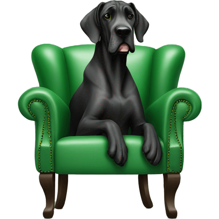 Black great Dane sitting on green leather armchair emoji