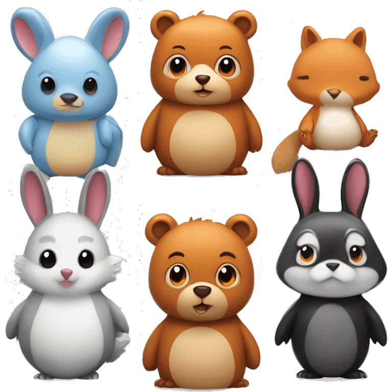 Bear, bunny, fox, penguin and squirrel next to each other emoji