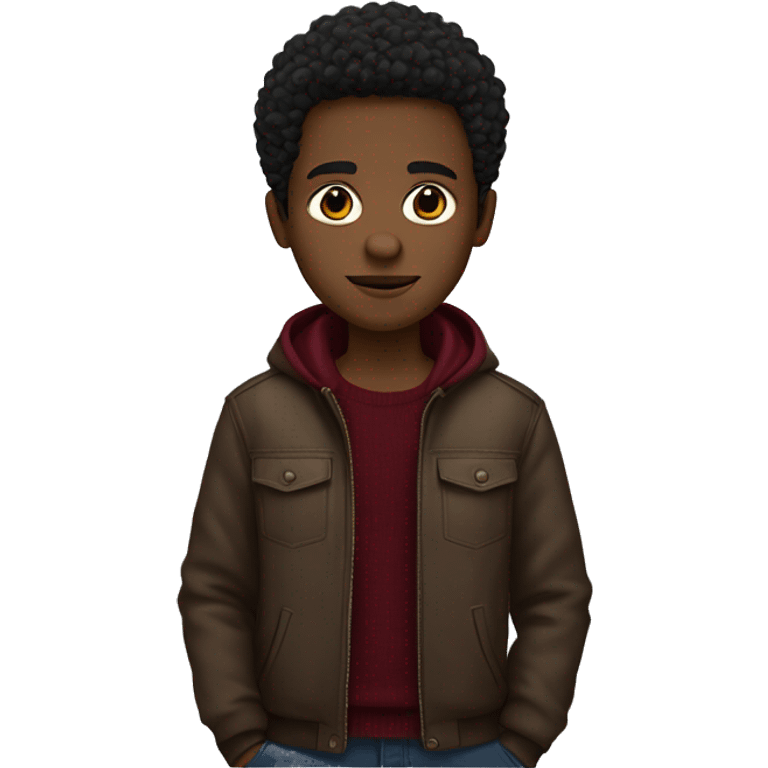 black boy, tight to the head black brown hair, brown eyes, brown jacket, burgundy sweater emoji