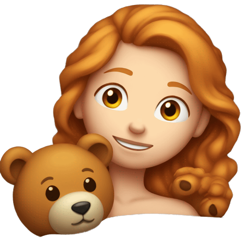 Ginger girl laying with teddy bear in bed emoji