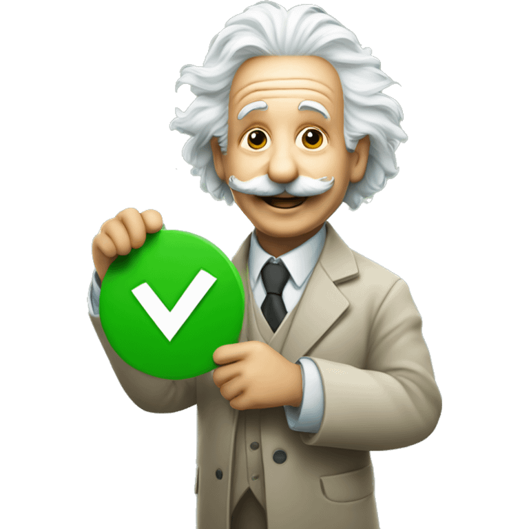 happy albert einstein holding green check mark in one hand emoji