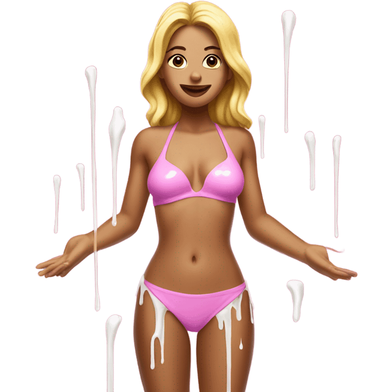 Woman wearing pink bikini with dripping white paint at bottoms emoji