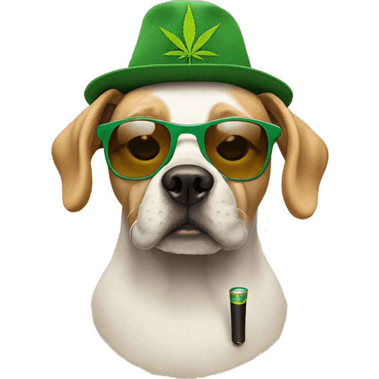 Dog wearing weed hat with sunglasses on and pipe in mouth emoji