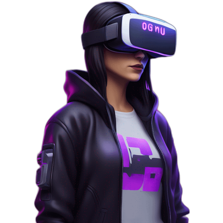 Cathie Wood wearing a black hoodie with "OMG" letters on it and VR headset in a cyberpunk VR environment with violet neon lighting. emoji