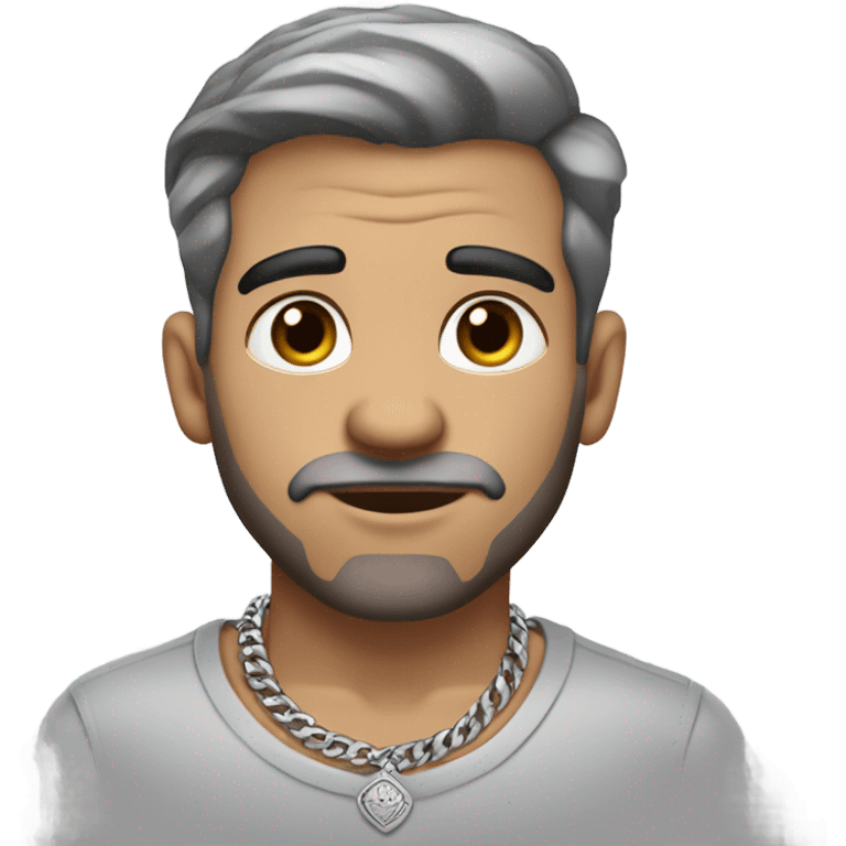 Full body image  of a Man with tattoos, brown hair and grey highlights, thick silver Cuban necklace that has big wide eyes looking to the side curiously emoji