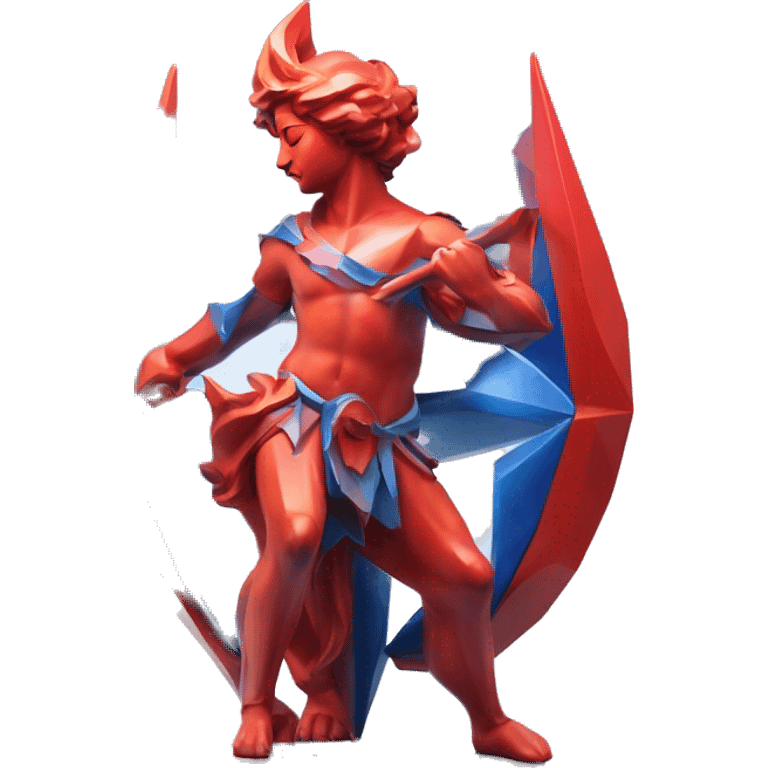 A Sagittarius sculpture with a geometric, faceted design. The Sagittarius is standing upright with angular and baroque features. The vibrant red and blue flame colors highlights the sharp edges and planes. emoji